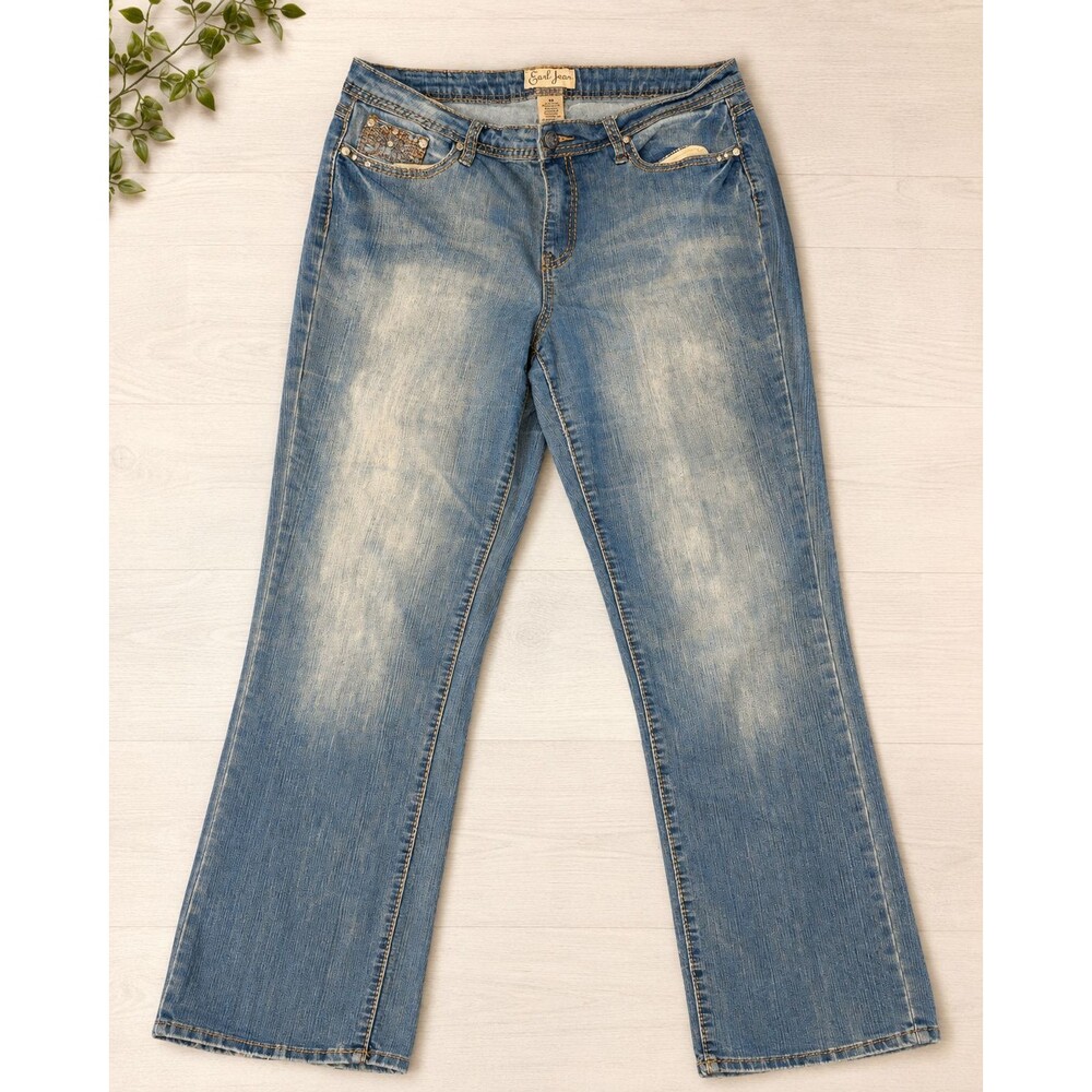Earl Jean Womens 14 Blue Jeans Rhinestone Embellished Stretch Light Wash Denim